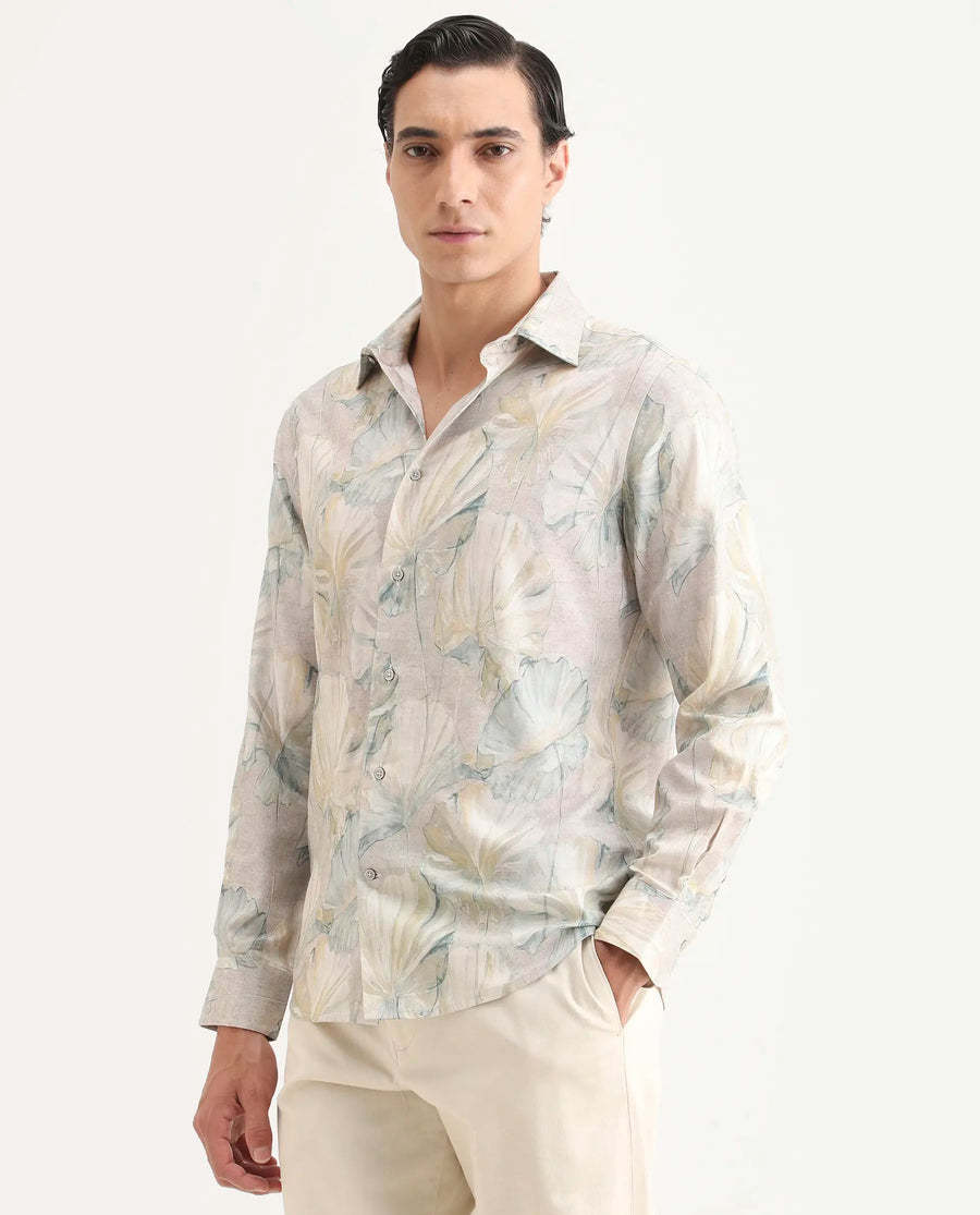 Rare Rabbit Men's Arvo Dusky Beige Cotton Blend Fabric Full Sleeve Spread Collar Regular Fit Floral Print Shirt