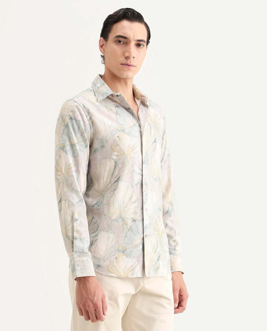 Rare Rabbit Men's Arvo Dusky Beige Cotton Blend Fabric Full Sleeve Spread Collar Regular Fit Floral Print Shirt