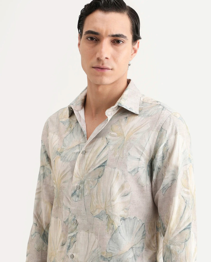 Rare Rabbit Men's Arvo Dusky Beige Cotton Blend Fabric Full Sleeve Spread Collar Regular Fit Floral Print Shirt