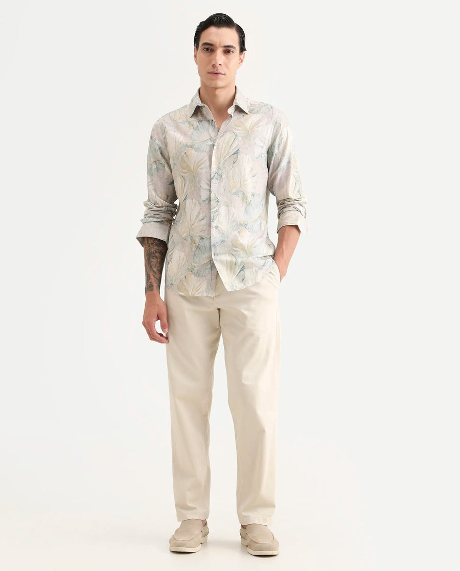 Rare Rabbit Men's Arvo Dusky Beige Cotton Blend Fabric Full Sleeve Spread Collar Regular Fit Floral Print Shirt