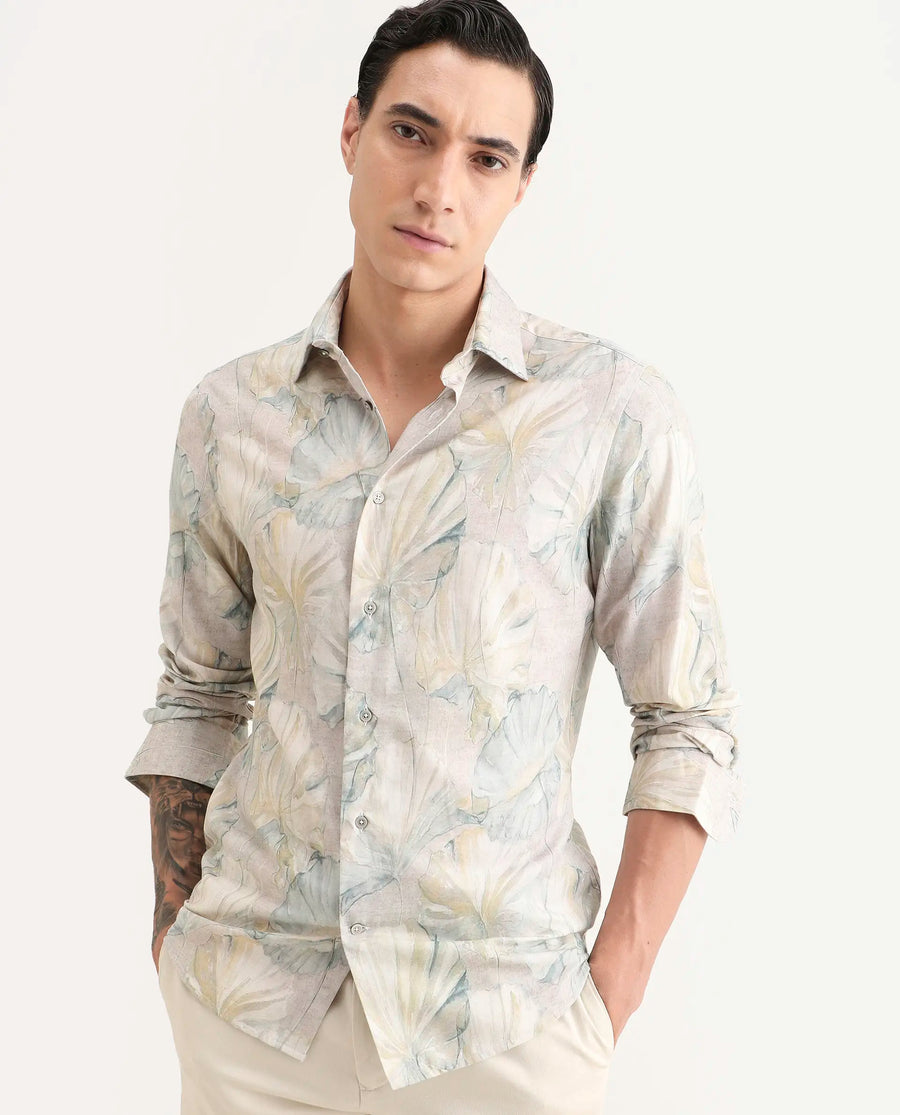 Rare Rabbit Men's Arvo Dusky Beige Cotton Blend Fabric Full Sleeve Spread Collar Regular Fit Floral Print Shirt