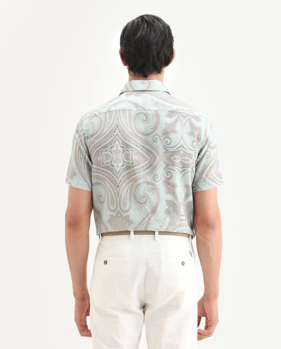 Rare Rabbit Men's Bliq Pastel Blue Linen Blend Fabric Half Sleeve Spread Collar Regular Fit Paisley Print Shirt