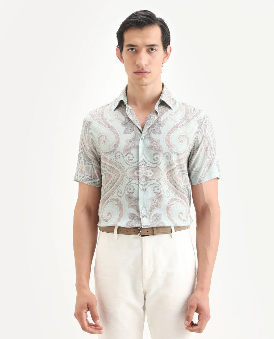 Rare Rabbit Men's Bliq Pastel Blue Linen Blend Fabric Half Sleeve Spread Collar Regular Fit Paisley Print Shirt
