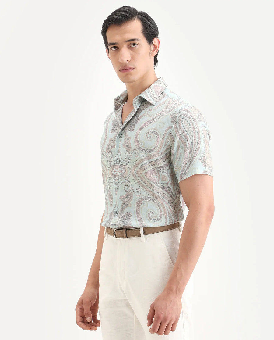 Rare Rabbit Men's Bliq Pastel Blue Linen Blend Fabric Half Sleeve Spread Collar Regular Fit Paisley Print Shirt