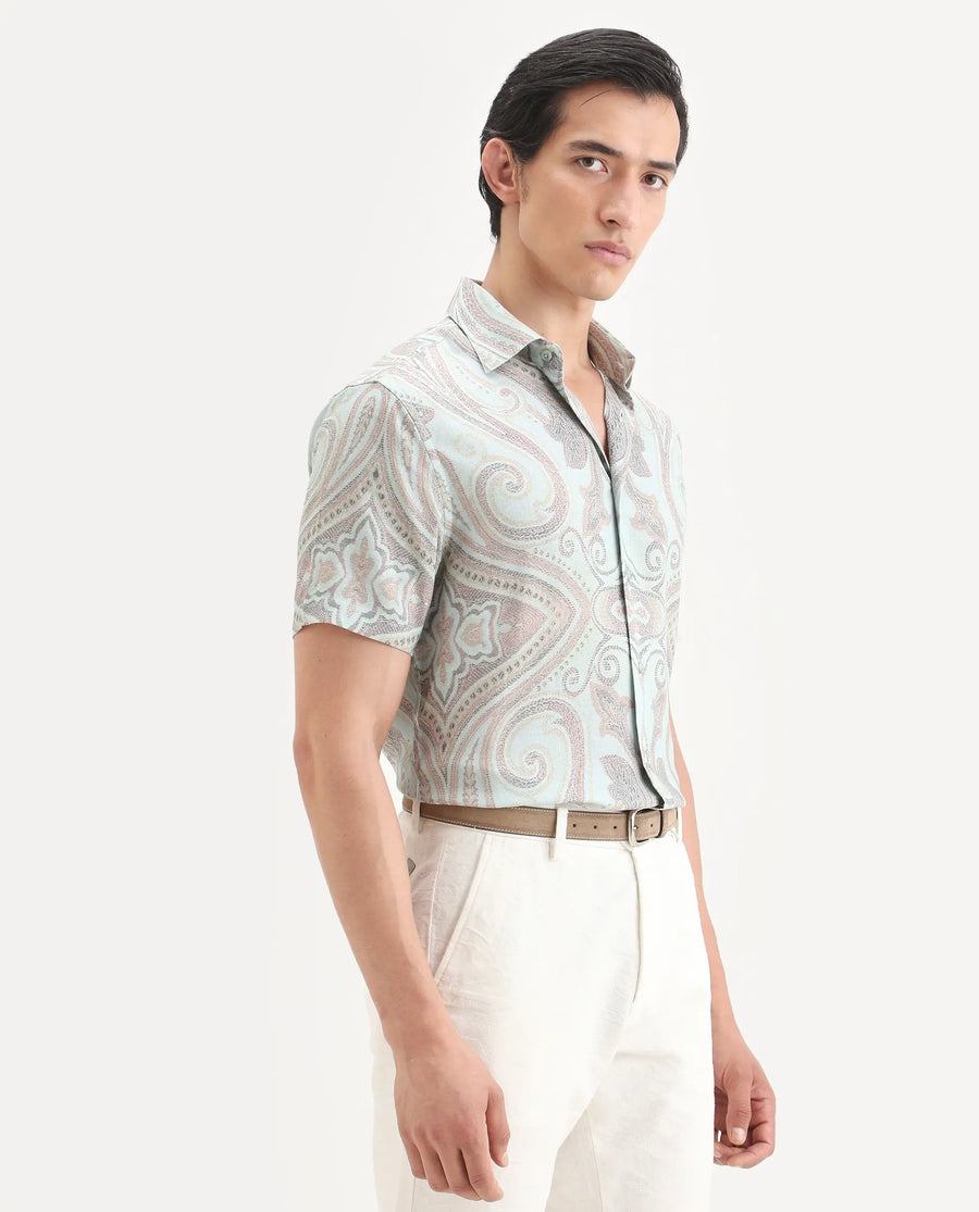 Rare Rabbit Men's Bliq Pastel Blue Linen Blend Fabric Half Sleeve Spread Collar Regular Fit Paisley Print Shirt