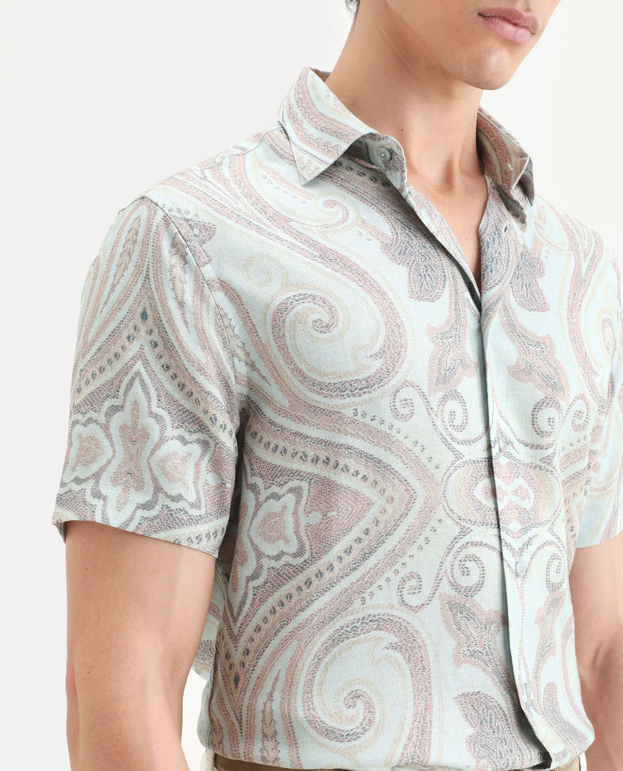 Rare Rabbit Men's Bliq Pastel Blue Linen Blend Fabric Half Sleeve Spread Collar Regular Fit Paisley Print Shirt
