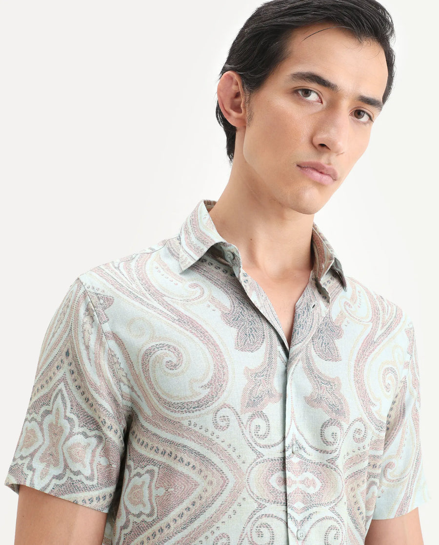 Rare Rabbit Men's Bliq Pastel Blue Linen Blend Fabric Half Sleeve Spread Collar Regular Fit Paisley Print Shirt