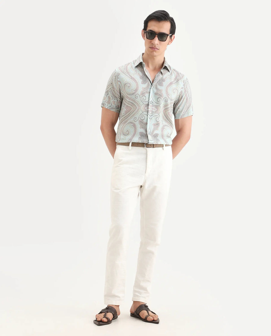 Rare Rabbit Men's Bliq Pastel Blue Linen Blend Fabric Half Sleeve Spread Collar Regular Fit Paisley Print Shirt