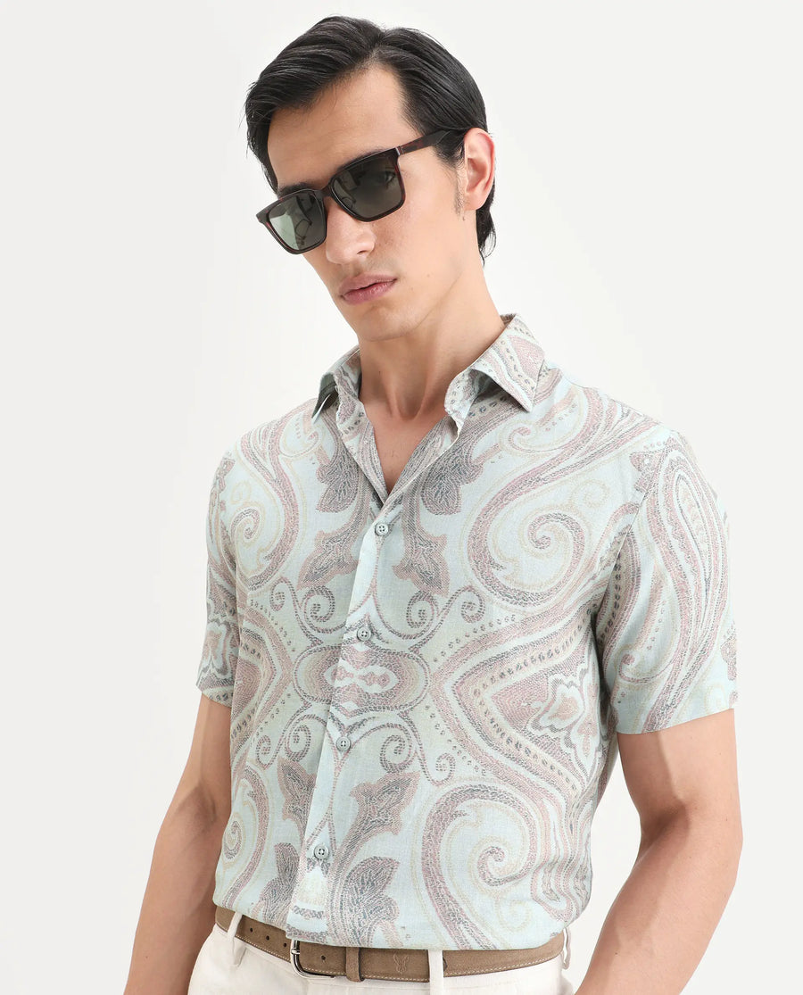 Rare Rabbit Men's Bliq Pastel Blue Linen Blend Fabric Half Sleeve Spread Collar Regular Fit Paisley Print Shirt
