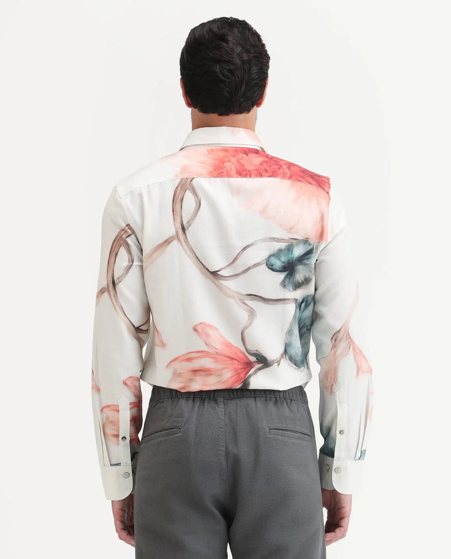 Rare Rabbit Men's Brib Off White Cotton Blend Fabric Full Sleeve Spread Collar Regular Fit Floral Print Shirt