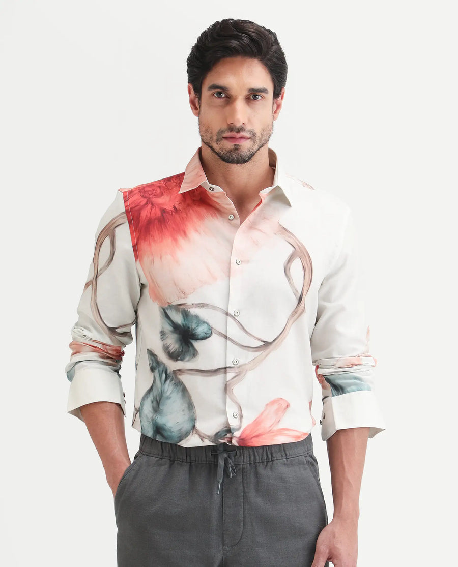 Rare Rabbit Men's Brib Off White Cotton Blend Fabric Full Sleeve Spread Collar Regular Fit Floral Print Shirt