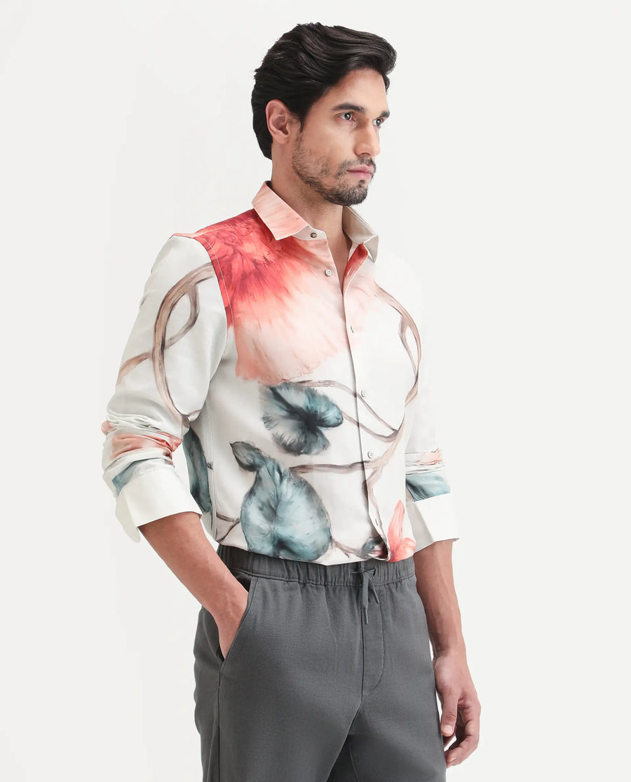 Rare Rabbit Men's Brib Off White Cotton Blend Fabric Full Sleeve Spread Collar Regular Fit Floral Print Shirt