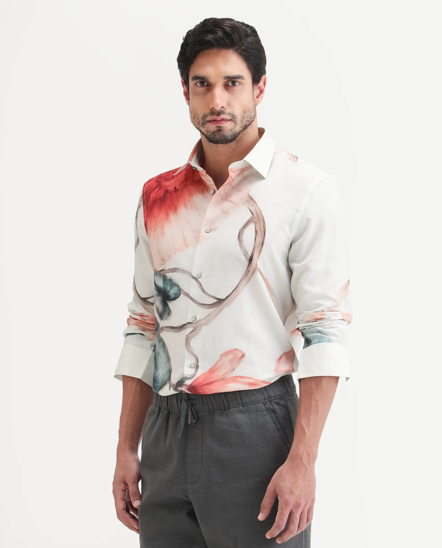 Rare Rabbit Men's Brib Off White Cotton Blend Fabric Full Sleeve Spread Collar Regular Fit Floral Print Shirt