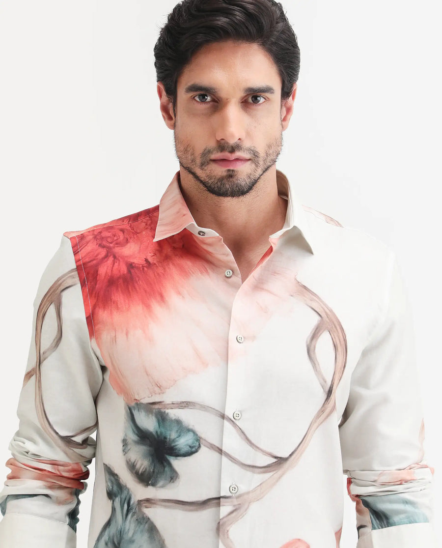 Rare Rabbit Men's Brib Off White Cotton Blend Fabric Full Sleeve Spread Collar Regular Fit Floral Print Shirt