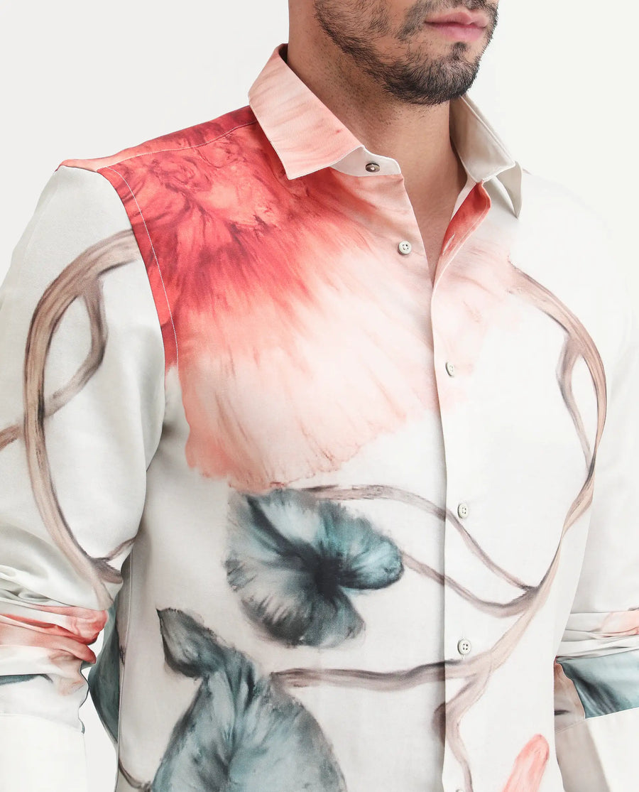 Rare Rabbit Men's Brib Off White Cotton Blend Fabric Full Sleeve Spread Collar Regular Fit Floral Print Shirt