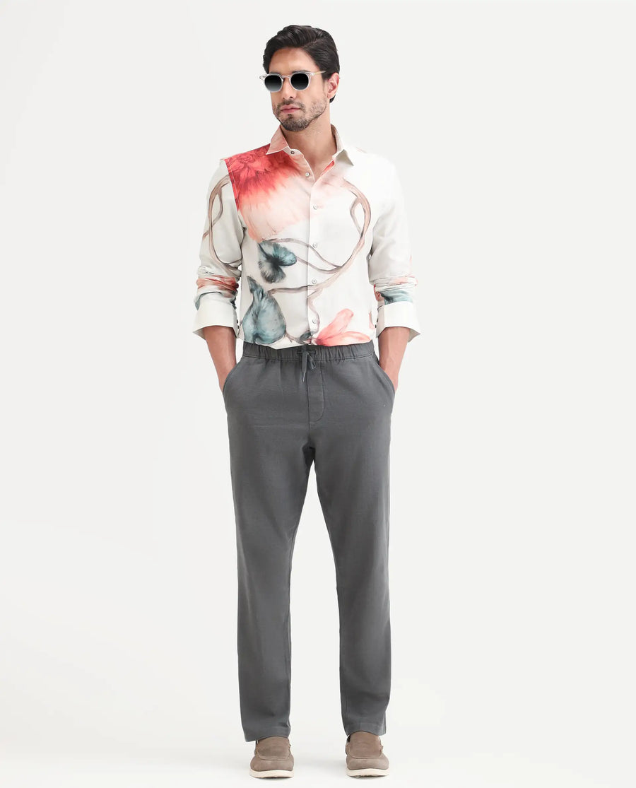 Rare Rabbit Men's Brib Off White Cotton Blend Fabric Full Sleeve Spread Collar Regular Fit Floral Print Shirt