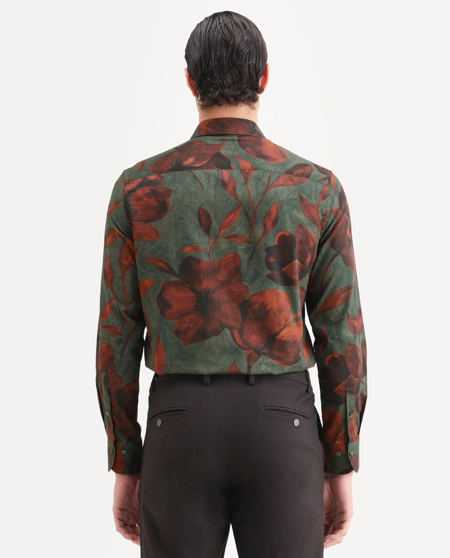 Rare Rabbit Men's Brol Dusky Green Cotton Fabric Full Sleeve Spread Collar Regular Fit Floral Print Shirt