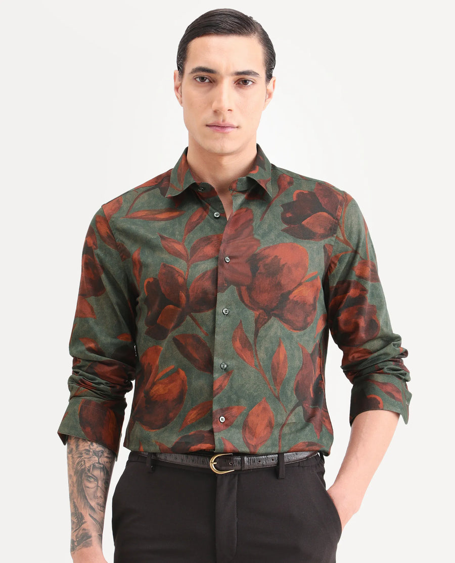Rare Rabbit Men's Brol Dusky Green Cotton Fabric Full Sleeve Spread Collar Regular Fit Floral Print Shirt