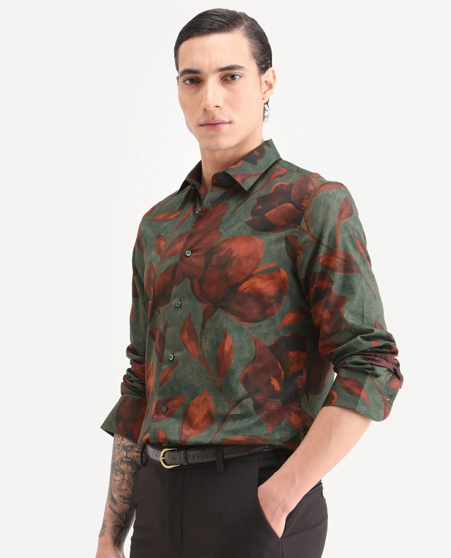 Rare Rabbit Men's Brol Dusky Green Cotton Fabric Full Sleeve Spread Collar Regular Fit Floral Print Shirt
