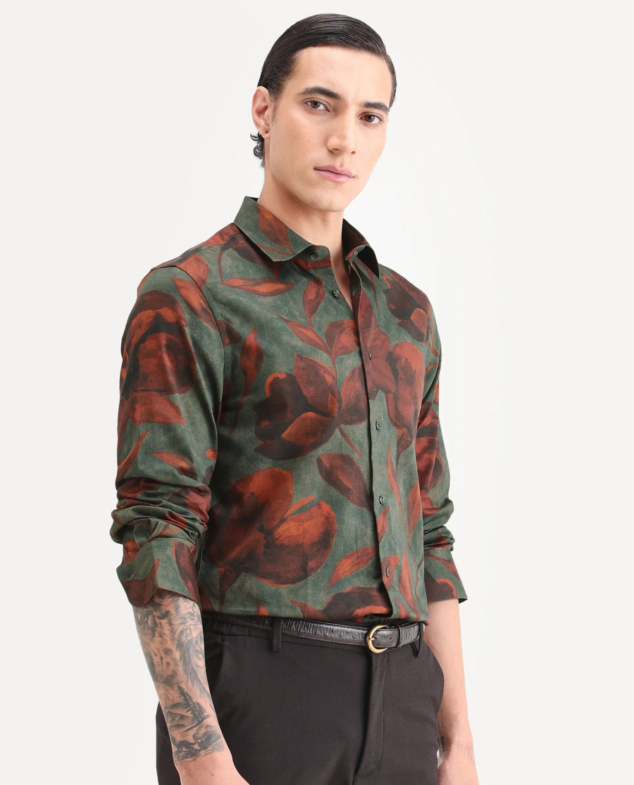 Rare Rabbit Men's Brol Dusky Green Cotton Fabric Full Sleeve Spread Collar Regular Fit Floral Print Shirt