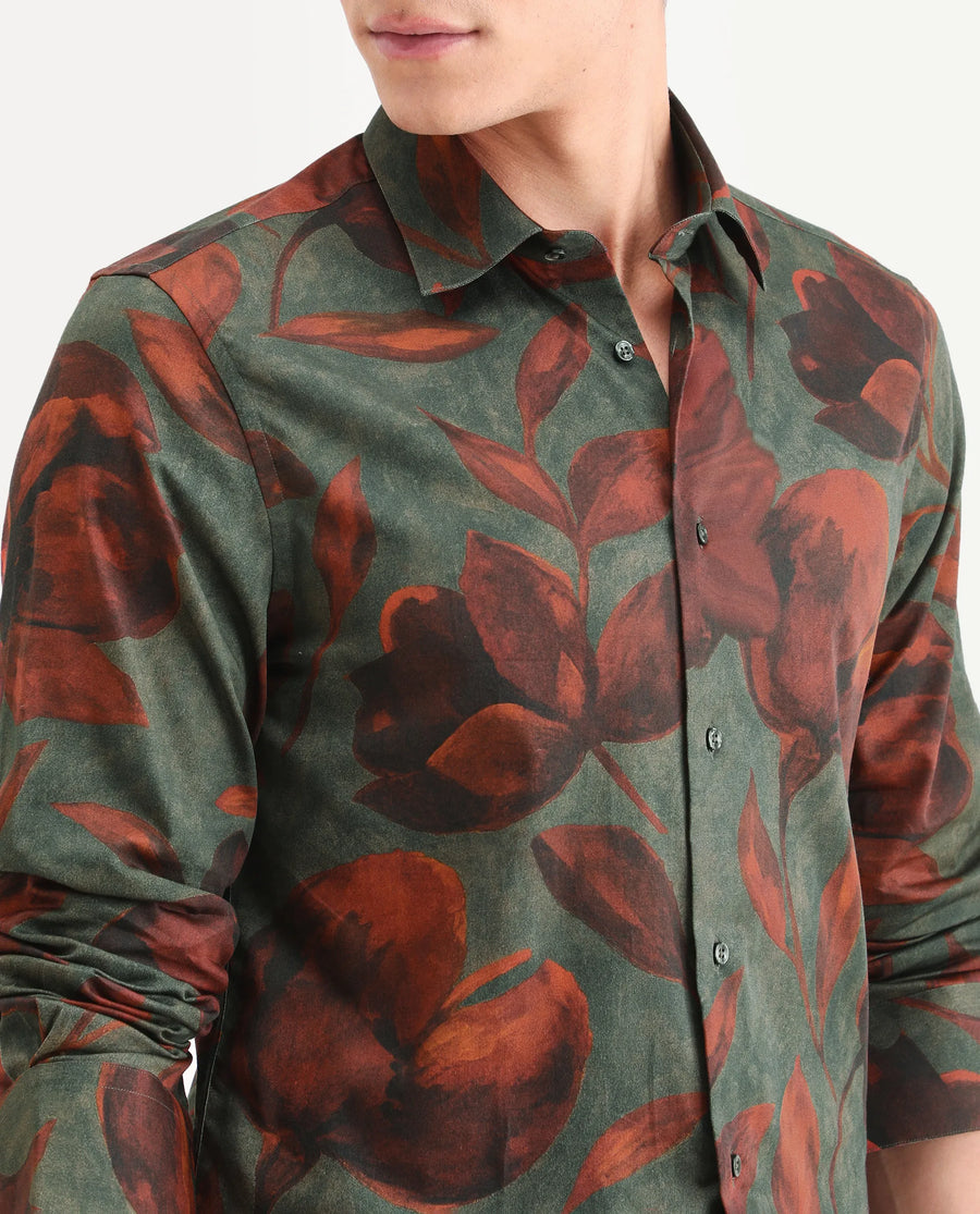 Rare Rabbit Men's Brol Dusky Green Cotton Fabric Full Sleeve Spread Collar Regular Fit Floral Print Shirt