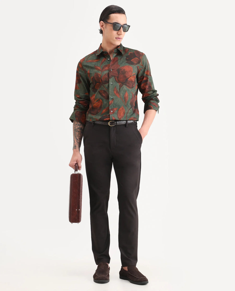 Rare Rabbit Men's Brol Dusky Green Cotton Fabric Full Sleeve Spread Collar Regular Fit Floral Print Shirt