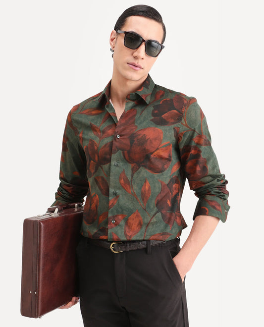 Rare Rabbit Men's Brol Dusky Green Cotton Fabric Full Sleeve Spread Collar Regular Fit Floral Print Shirt