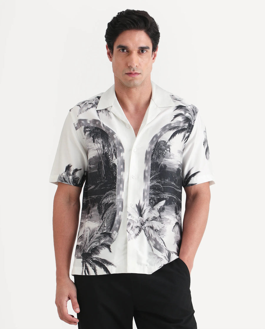 Rare Rabbit Men's Coco White Cotton Blend Fabric Half Sleeve Cuban Collar Regular Fit Tropical Print Shirt