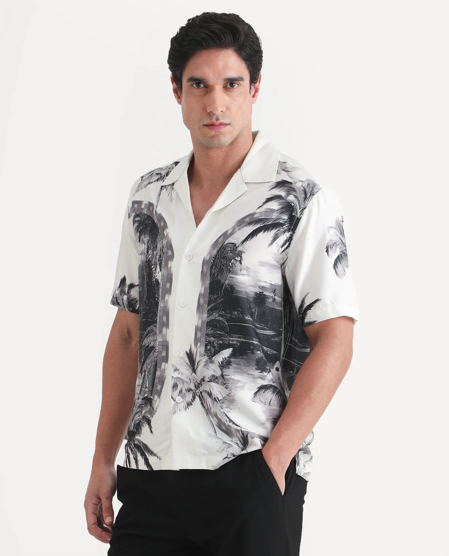 Rare Rabbit Men's Coco White Cotton Blend Fabric Half Sleeve Cuban Collar Regular Fit Tropical Print Shirt