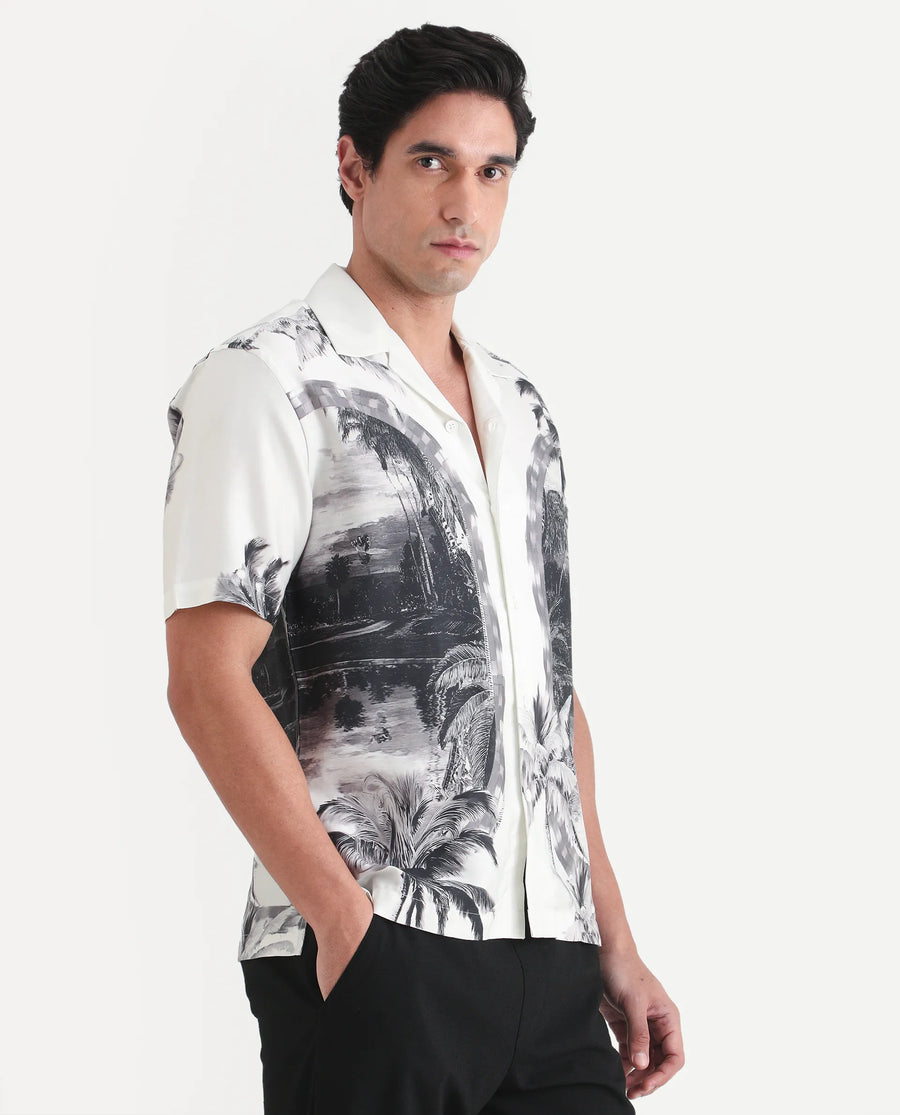 Rare Rabbit Men's Coco White Cotton Blend Fabric Half Sleeve Cuban Collar Regular Fit Tropical Print Shirt