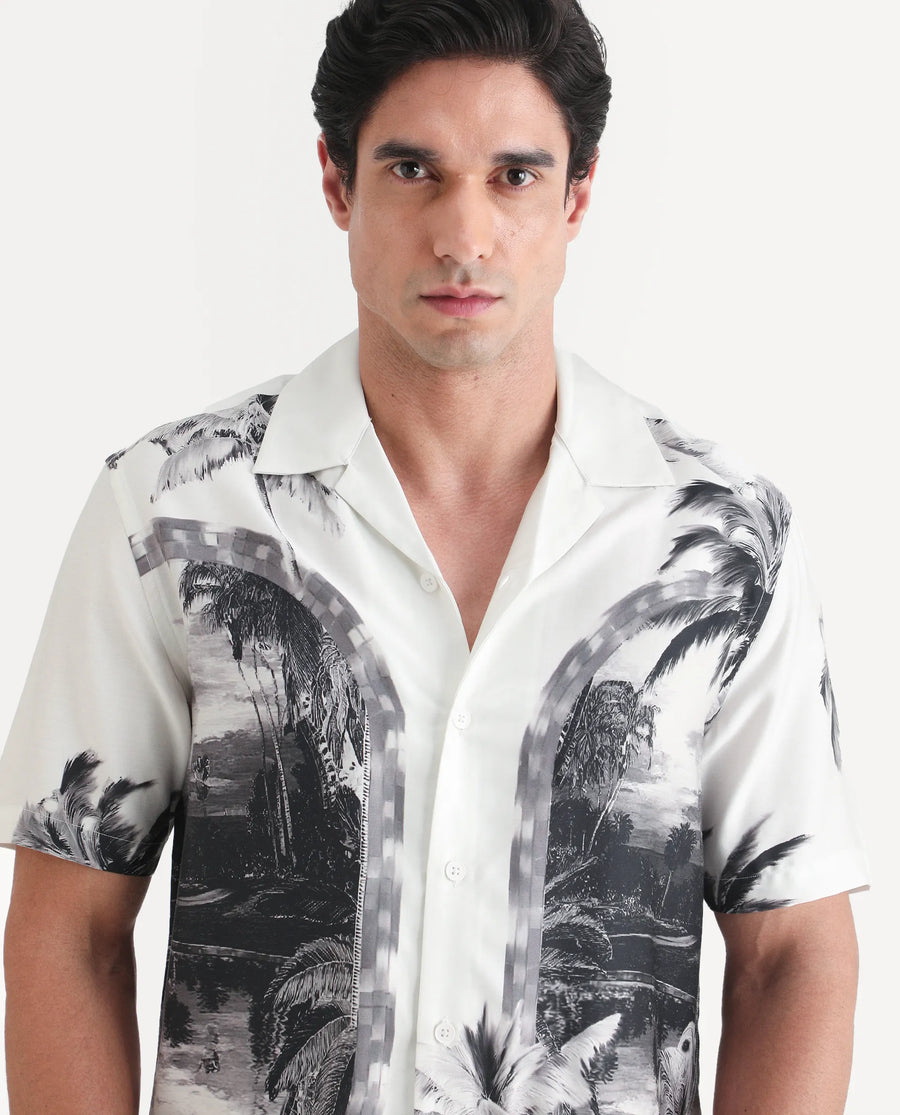 Rare Rabbit Men's Coco White Cotton Blend Fabric Half Sleeve Cuban Collar Regular Fit Tropical Print Shirt