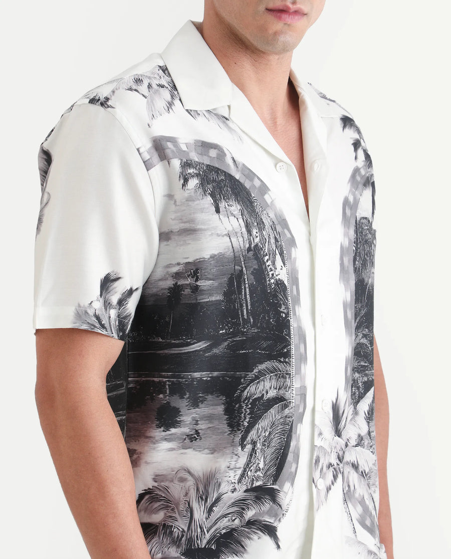 Rare Rabbit Men's Coco White Cotton Blend Fabric Half Sleeve Cuban Collar Regular Fit Tropical Print Shirt