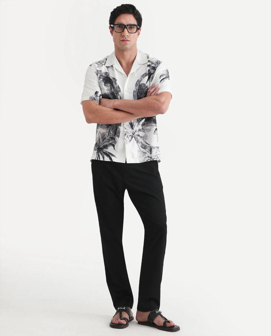 Rare Rabbit Men's Coco White Cotton Blend Fabric Half Sleeve Cuban Collar Regular Fit Tropical Print Shirt
