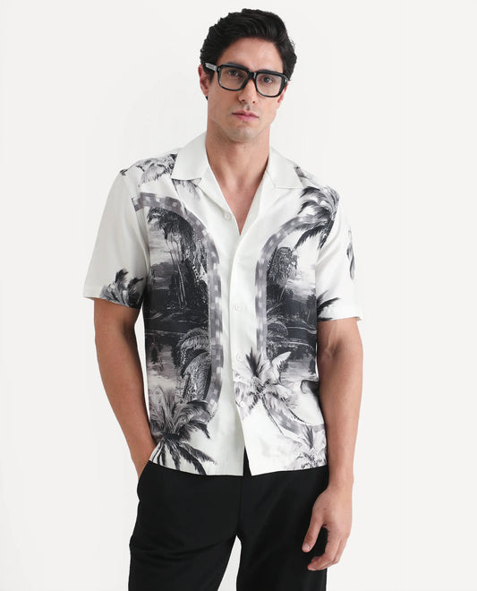 Rare Rabbit Men's Coco White Cotton Blend Fabric Half Sleeve Cuban Collar Regular Fit Tropical Print Shirt