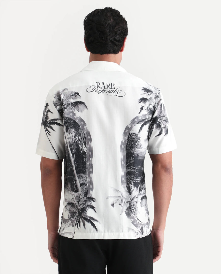 Rare Rabbit Men's Coco White Cotton Blend Fabric Half Sleeve Cuban Collar Regular Fit Tropical Print Shirt