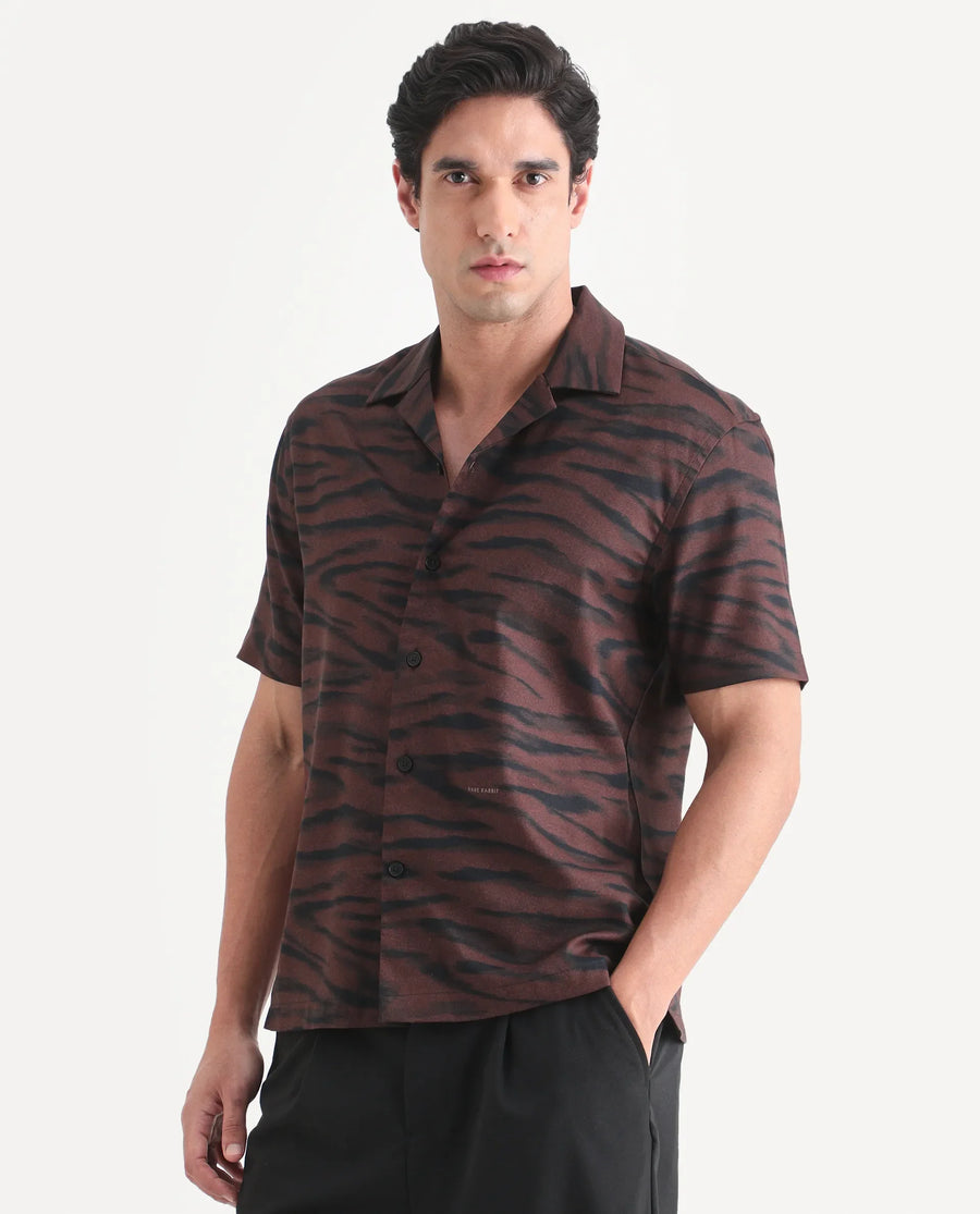 Rare Rabbit Men's Dins Dusky Maroon Cotton Blend Blend Fabric Half Sleeve Cuban Collar Regular Fit Abstract Print Shirt