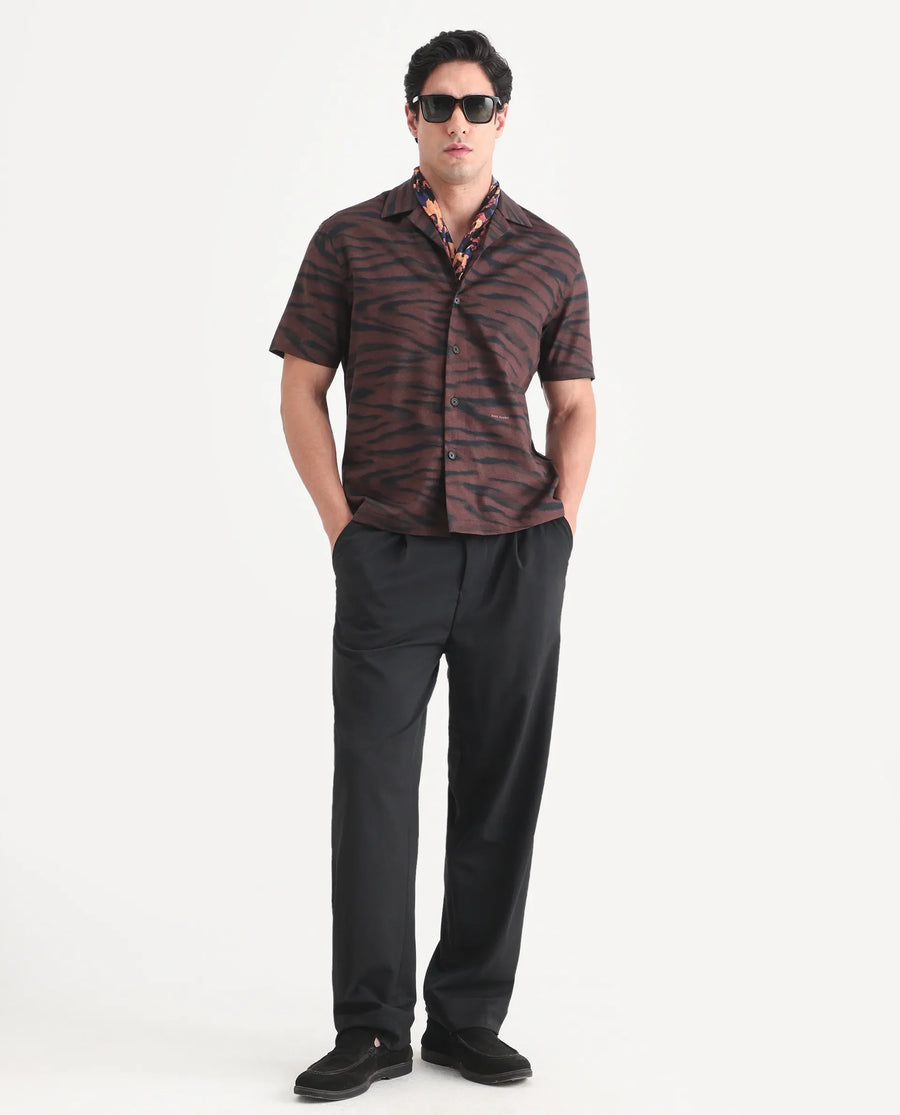 Rare Rabbit Men's Dins Dusky Maroon Cotton Blend Blend Fabric Half Sleeve Cuban Collar Regular Fit Abstract Print Shirt