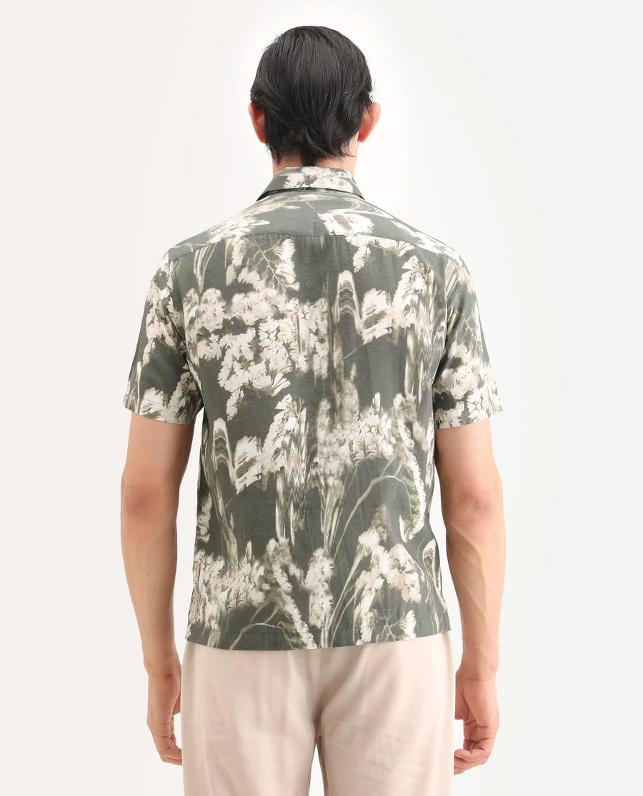Rare Rabbit Men's Dova Dusky Green Modal Blend Fabric Full Sleeve Spread Collar Regular Fit Floral Print Shirt