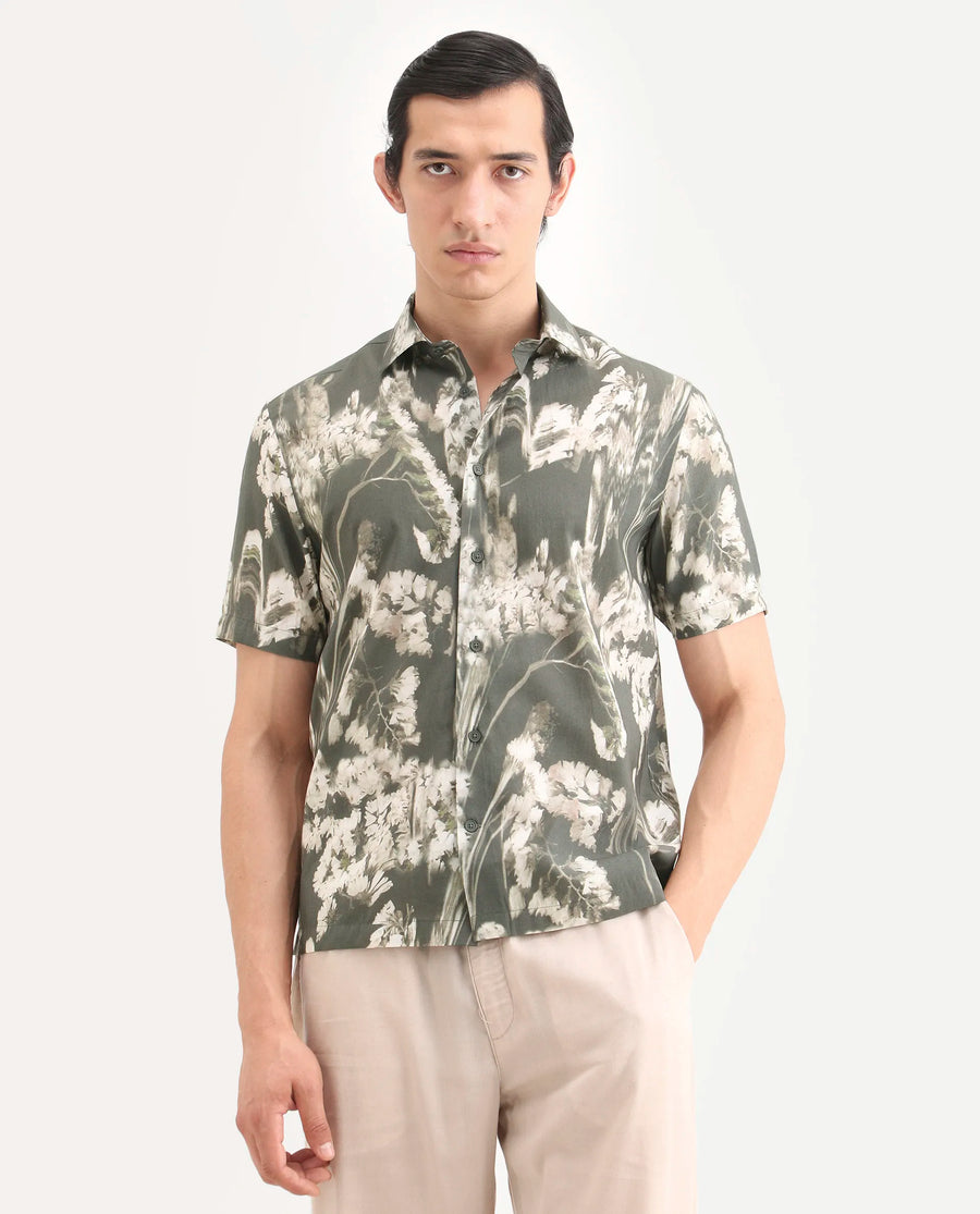 Rare Rabbit Men's Dova Dusky Green Modal Blend Fabric Full Sleeve Spread Collar Regular Fit Floral Print Shirt