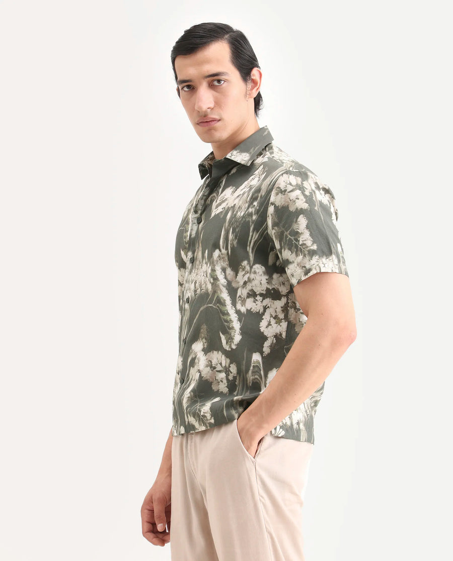 Rare Rabbit Men's Dova Dusky Green Modal Blend Fabric Full Sleeve Spread Collar Regular Fit Floral Print Shirt