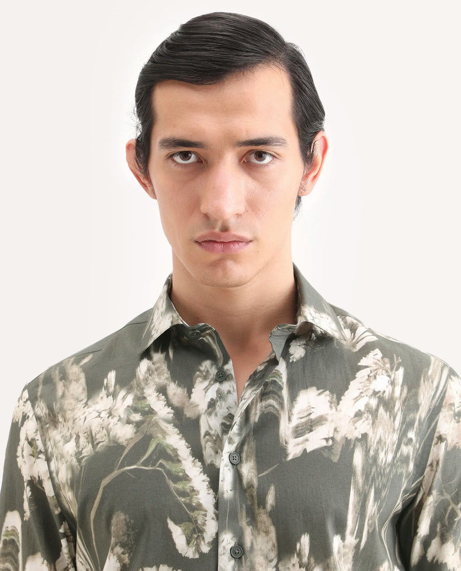 Rare Rabbit Men's Dova Dusky Green Modal Blend Fabric Full Sleeve Spread Collar Regular Fit Floral Print Shirt
