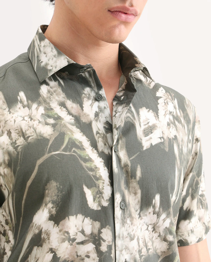 Rare Rabbit Men's Dova Dusky Green Modal Blend Fabric Full Sleeve Spread Collar Regular Fit Floral Print Shirt