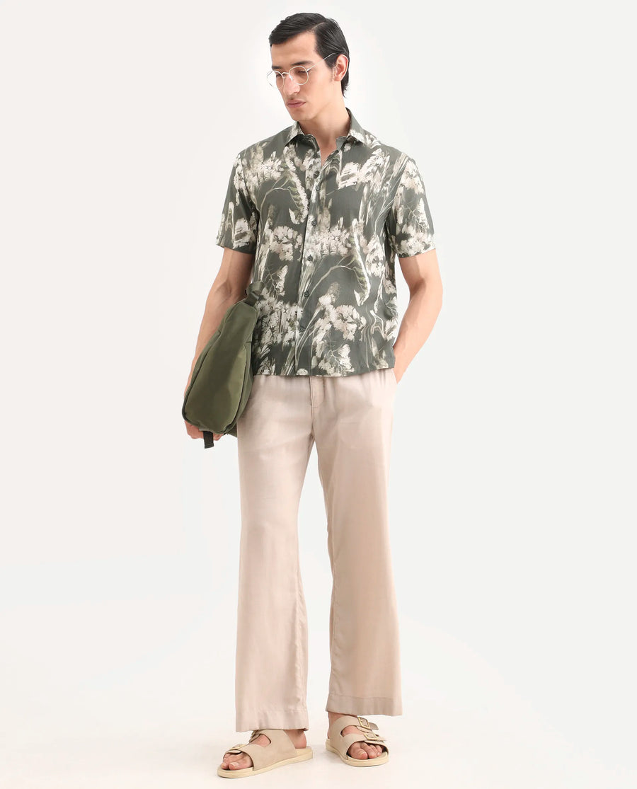 Rare Rabbit Men's Dova Dusky Green Modal Blend Fabric Full Sleeve Spread Collar Regular Fit Floral Print Shirt