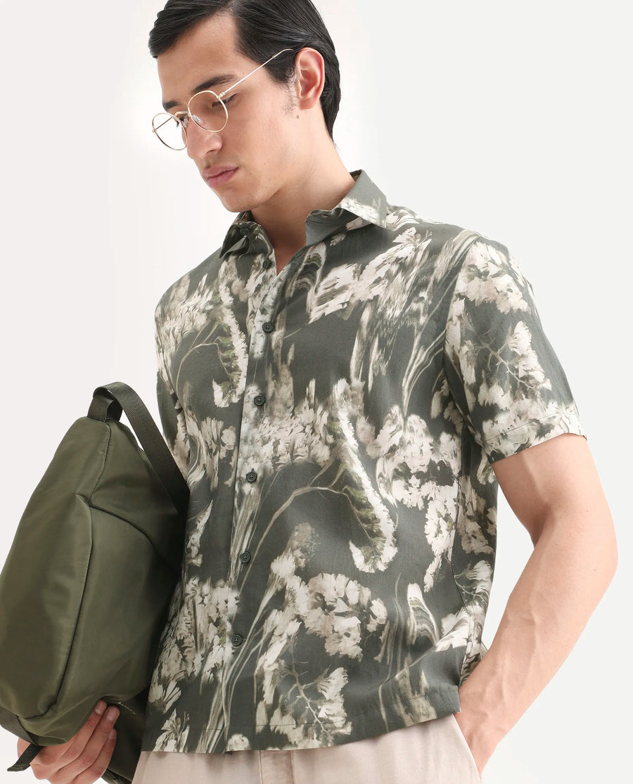 Rare Rabbit Men's Dova Dusky Green Modal Blend Fabric Full Sleeve Spread Collar Regular Fit Floral Print Shirt