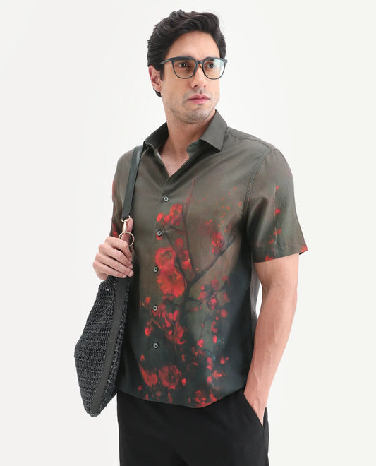 Rare Rabbit Men's Dufy Dusky Olive Cotton Blend Fabric Half Sleeve Spread Collar Regular Fit Floral Print Shirt