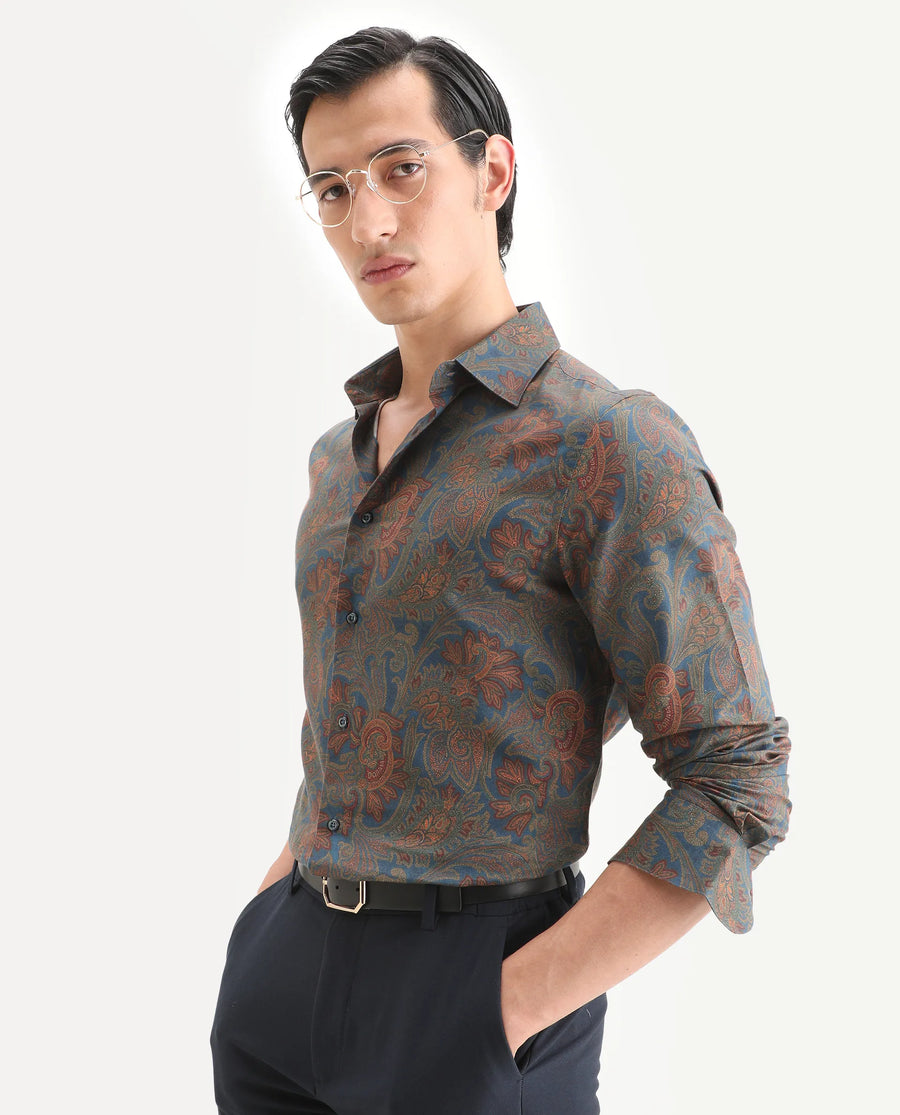 Rare Rabbit Men's Exor Dusky Blue Cotton Blend Fabric Full Sleeve Spread Collar Regular Fit Paisley Print Shirt
