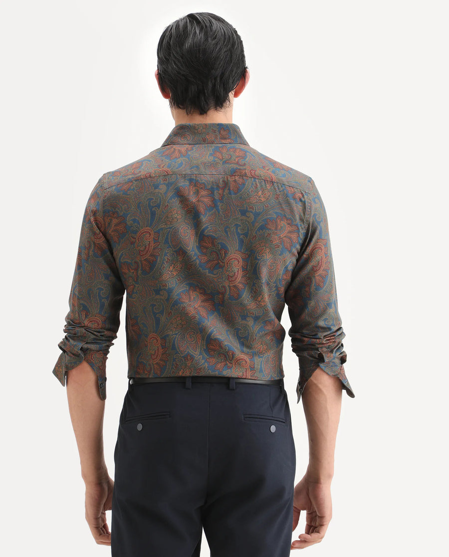 Rare Rabbit Men's Exor Dusky Blue Cotton Blend Fabric Full Sleeve Spread Collar Regular Fit Paisley Print Shirt