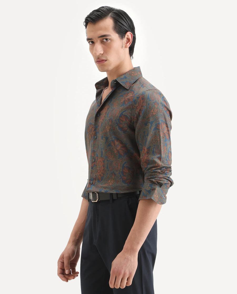 Rare Rabbit Men's Exor Dusky Blue Cotton Blend Fabric Full Sleeve Spread Collar Regular Fit Paisley Print Shirt