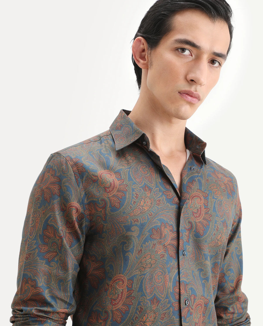 Rare Rabbit Men's Exor Dusky Blue Cotton Blend Fabric Full Sleeve Spread Collar Regular Fit Paisley Print Shirt