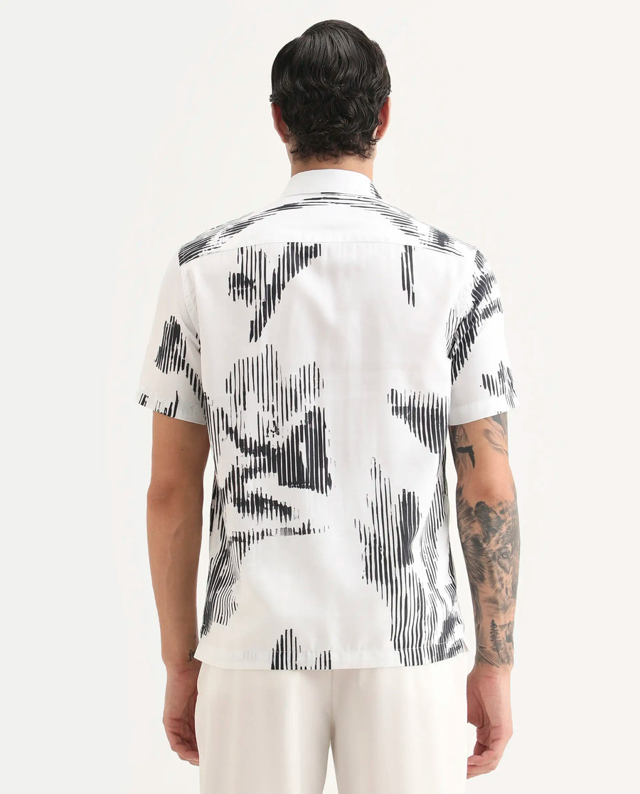 Rare Rabbit Men's Glos White Cotton Blend Fabric Half Sleeve Spread Collar Regular Fit Abstract Print Shirt